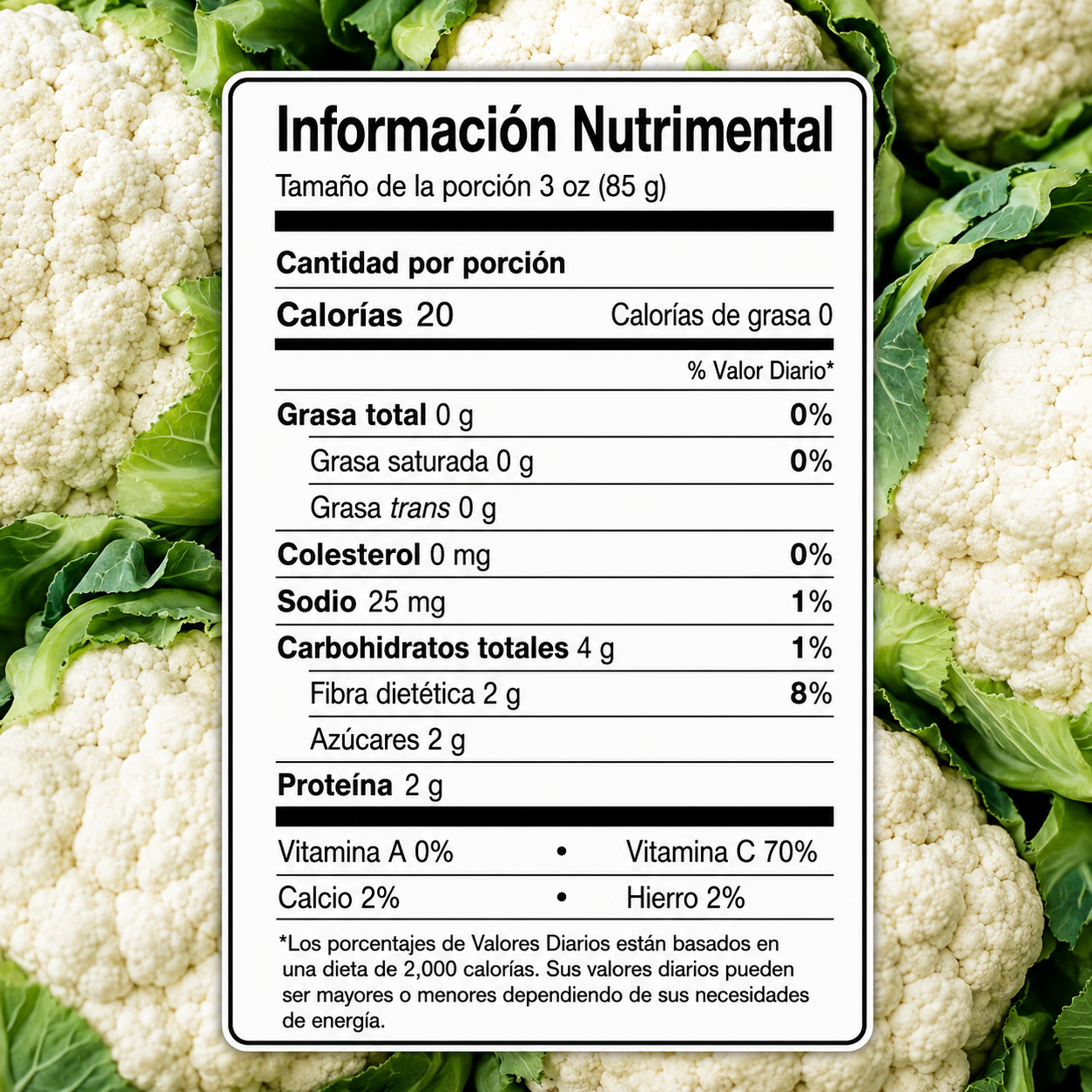 Tabla nutrimental de la coliflor
